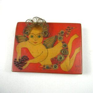 Vintage Handcrafted Wooden Angel Art Cherub Valentines Day Metal Signed 1976
